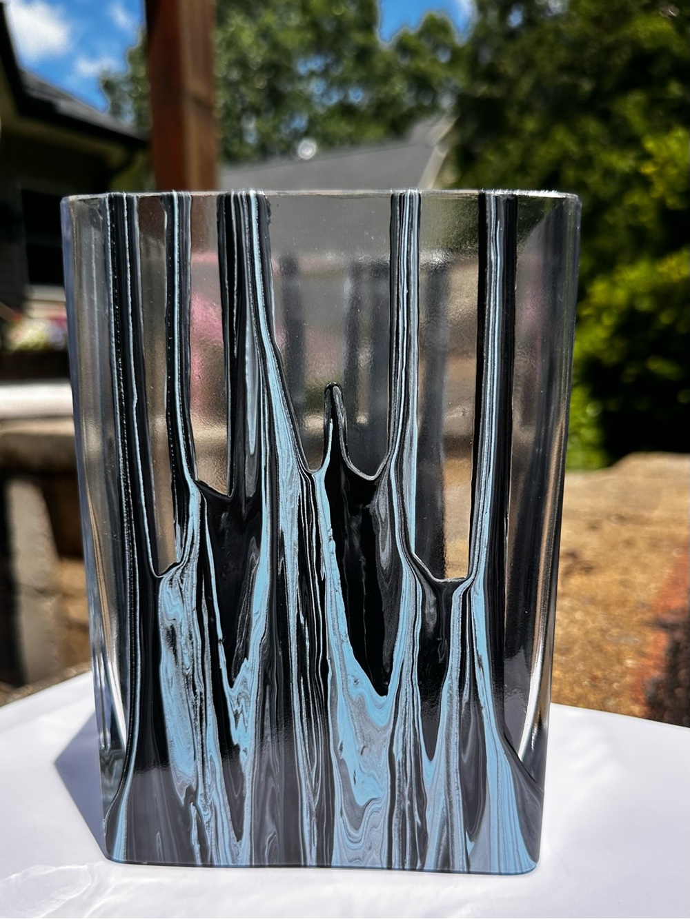Handmade abstract acrylic painted Black, blue and Silver Swirl Glass Vase